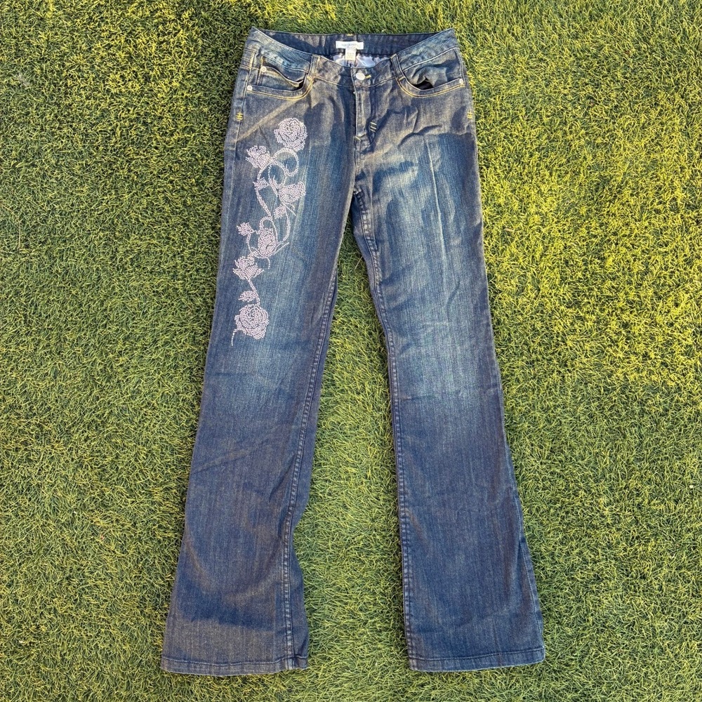 Boston Proper Sz 10 28x31 Y2K Rhinestone Embroidered Rose Flare Jeans Blue Denim
